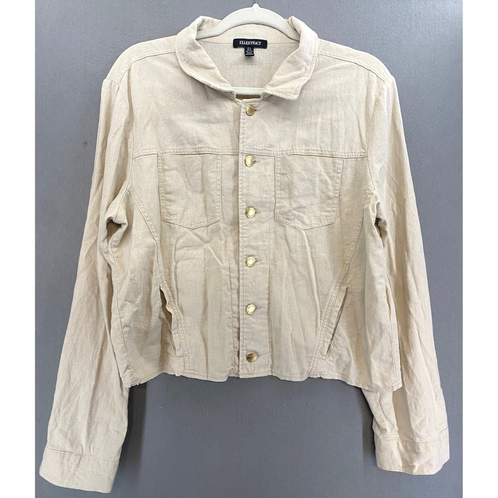Ellen Tracy Womens Beige Linen Blend Button Front Utility Trucker Jacket Large